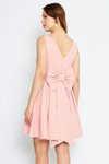 Pudra Mini V Yaka Kloş Pileli Sırtı Fiyonklu Süs Düğmeli Elbise