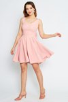 Pudra Mini V Yaka Kloş Pileli Sırtı Fiyonklu Süs Düğmeli Elbise