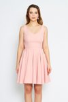 Pudra Mini V Yaka Kloş Pileli Sırtı Fiyonklu Süs Düğmeli Elbise