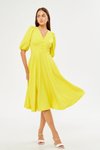 Sarı Midi Balon Kol V Yaka Korsaj Kemer Detay Abiye Elbise