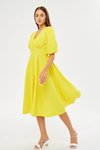 Sarı Midi Balon Kol V Yaka Korsaj Kemer Detay Abiye Elbise