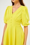 Sarı Midi Balon Kol V Yaka Korsaj Kemer Detay Abiye Elbise