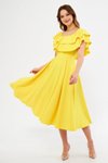 Sarı Midi Düşük Omuz Fırfır Yaka Dökümlü Elbise