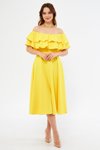 Sarı Midi Düşük Omuz Fırfır Yaka Dökümlü Elbise