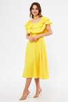 Sarı Midi Düşük Omuz Fırfır Yaka Dökümlü Elbise