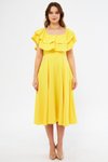 Sarı Midi Düşük Omuz Fırfır Yaka Dökümlü Elbise