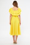 Sarı Midi Düşük Omuz Fırfır Yaka Dökümlü Elbise
