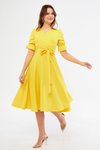Sarı Midi Kısa Kollu Kruvaze Yaka Kuşaklı Büzgülü Elbise