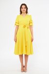 Sarı Midi Kısa Kollu Kruvaze Yaka Kuşaklı Büzgülü Elbise