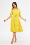 Sarı Midi Kısa Kollu Kruvaze Yaka Kuşaklı Büzgülü Elbise