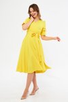 Sarı Midi Kısa Kollu Kruvaze Yaka Kuşaklı Büzgülü Elbise