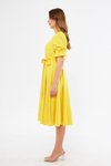 Sarı Midi Kısa Kollu Kruvaze Yaka Kuşaklı Büzgülü Elbise