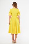 Sarı Midi Kısa Kollu Kruvaze Yaka Kuşaklı Büzgülü Elbise