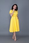Sarı Midi Yarasa Kol Beli Lastikli Cepli Elbise