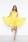 Sarı Mini Kloş Pileli Ayarlanabilir Askılı Fırfır Detay Abiye Elbise
