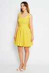 Sarı Mini Kloş V Yaka Fiyonklu Pileli Elbise