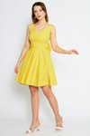 Sarı Mini Kloş V Yaka Fiyonklu Pileli Elbise