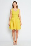 Sarı Mini Kloş V Yaka Fiyonklu Pileli Elbise