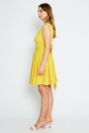 Sarı Mini Kloş V Yaka Fiyonklu Pileli Elbise