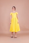 Sarı Pileli Midi Askılı Düşük Omuz Detay Abiye Elbise