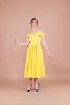 Sarı Pileli Midi Askılı Düşük Omuz Detay Abiye Elbise
