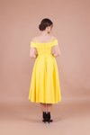 Sarı Pileli Midi Askılı Düşük Omuz Detay Abiye Elbise