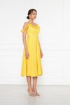Sarı Pileli Midi Kloş Ayarlanabilir Askılı Fırfır Detay Abiye Elbise