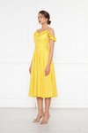 Sarı Pileli Midi Kloş Ayarlanabilir Askılı Fırfır Detay Abiye Elbise