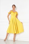 Sarı Pileli Midi Kloş Ayarlanabilir Askılı Fırfır Detay Abiye Elbise