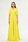 Sarı Uzun Balon Kol V Yaka Korsaj Kemer Detaylı Abiye Elbise