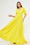 Sarı Uzun Balon Kol V Yaka Korsaj Kemer Detaylı Abiye Elbise