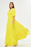 Sarı Uzun Balon Kol V Yaka Korsaj Kemer Detaylı Abiye Elbise