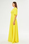 Sarı Uzun Balon Kol V Yaka Korsaj Kemer Detaylı Abiye Elbise