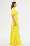 Sarı Uzun Balon Kol V Yaka Korsaj Kemer Detaylı Abiye Elbise
