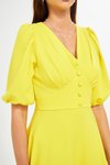 Sarı Uzun Balon Kol V Yaka Korsaj Kemer Detaylı Abiye Elbise
