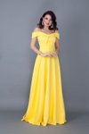 Sarı Uzun Kloş Askılı Düşük Omuz Detaylı Nişan Abiye Elbise
