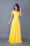 Sarı Uzun Kloş Askılı Düşük Omuz Detaylı Nişan Abiye Elbise