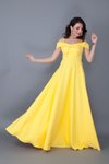 Sarı Uzun Kloş Askılı Düşük Omuz Detaylı Nişan Abiye Elbise