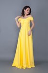 Sarı Uzun Kloş Askılı Düşük Omuz Detaylı Nişan Abiye Elbise