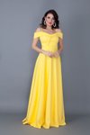 Sarı Uzun Kloş Askılı Düşük Omuz Detaylı Nişan Abiye Elbise