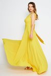 Sarı Uzun Kloş V Yaka Sırtı Fiyonklu Süs Düğmeli Abiye Elbise