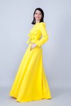 Sarı Uzun Kol Maksi Beli Büzgülü Kuşaklı Tesettür Abiye Elbise