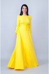 Sarı Uzun Kol Maksi Beli Büzgülü Kuşaklı Tesettür Abiye Elbise