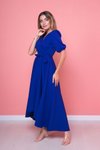 Sax Mavi Asimetrik Kesim Kruvaze Yaka Önü Kısa Arkası Uzun Midi Elbise