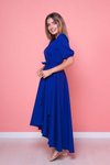 Sax Mavi Asimetrik Kesim Kruvaze Yaka Önü Kısa Arkası Uzun Midi Elbise