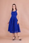 Midi French Lace Square Neck Thick Strap Evening Dress - Sax Blue