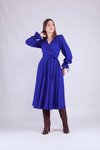 Midi Long-Sleeve Wrap-Collar Dress - Sapphire Blue