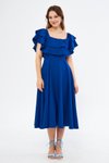 Sax Mavi Midi Dökümlü Fırfır Yaka Düşük Omuz Abiye Elbise