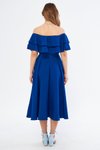 Sax Mavi Midi Dökümlü Fırfır Yaka Düşük Omuz Abiye Elbise
