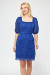 Sax Mavi Mini Fransız Dantel Balon Kol Kare Yaka Abiye Elbise